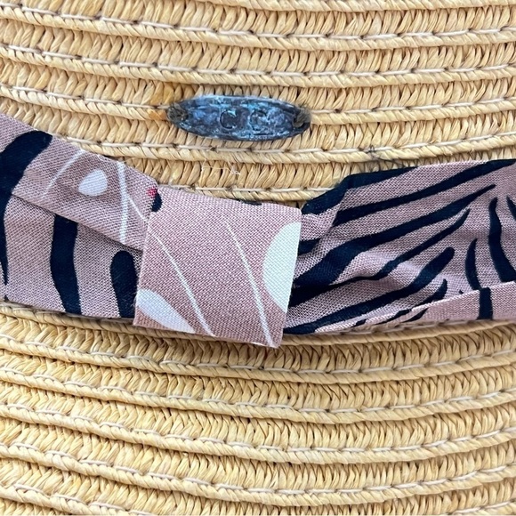 C.C Floppy Wide Brim Tan Straw Sun Hat Floral Pattern Ribbon & Adjustable Ties - Picture 11 of 12